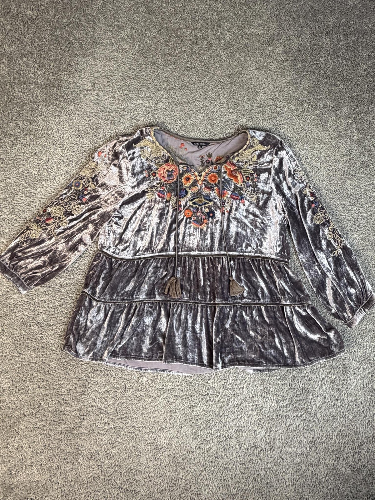 John Mark Tunic Womens Xl Tiered Velvet Embroidered Tasseled Tie V-Neck Flowy